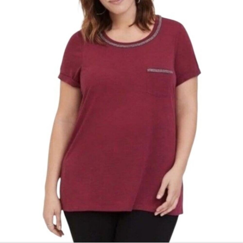 Torrid Burgundy Rhinestone Embellished Pocket Slub Knit Tee Top Shirt Size 3 3X